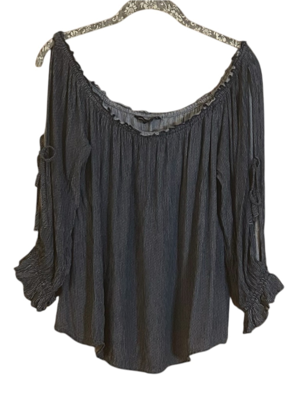 American Eagle Outfitters Navy and White Pin Strip Off-Shoulder Peasant Blouse